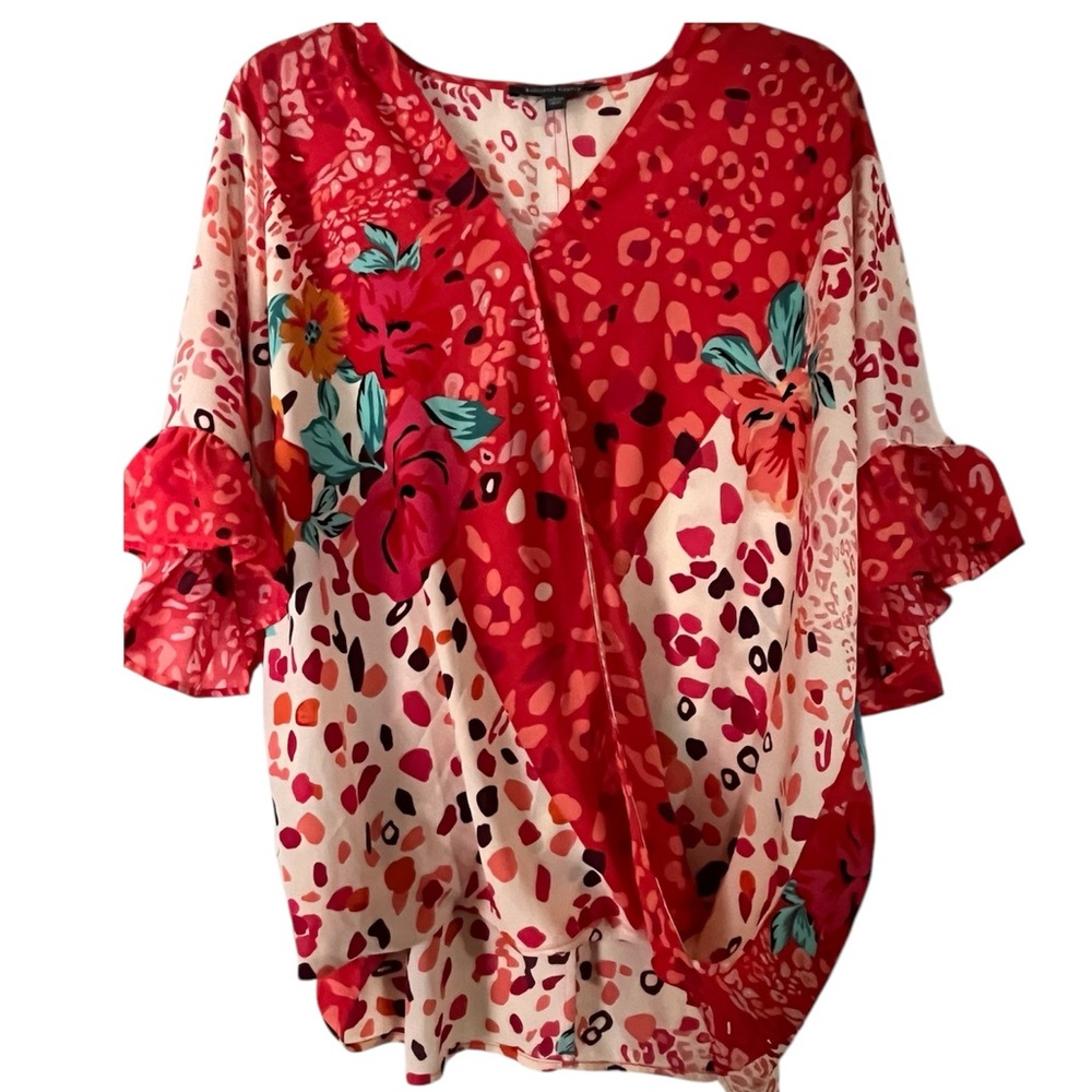 Laurel Grey•Red Leopard Floral Print Ruffled Blouse